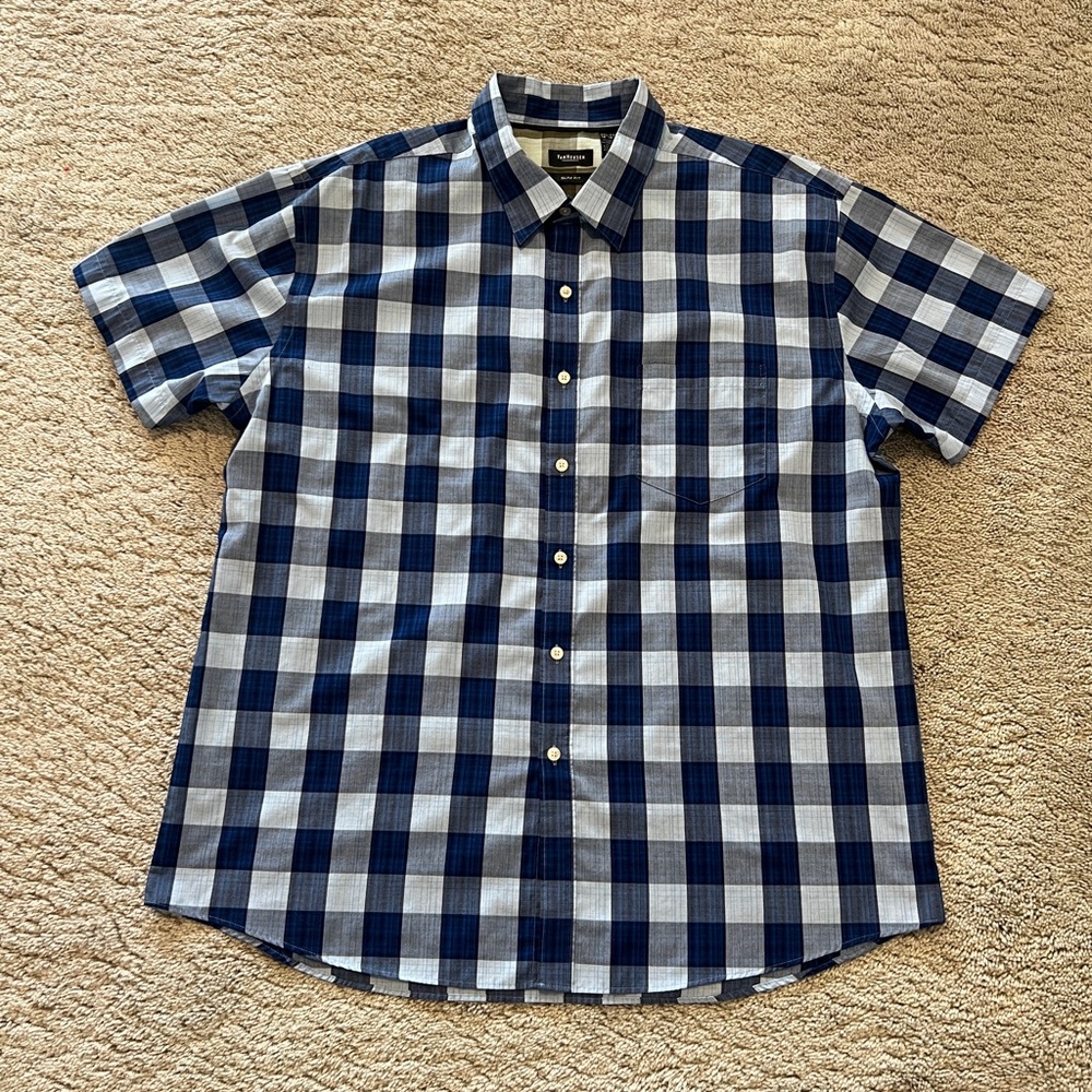 Van Heusen Navy and White Plaid Button Down Shirt - XXL